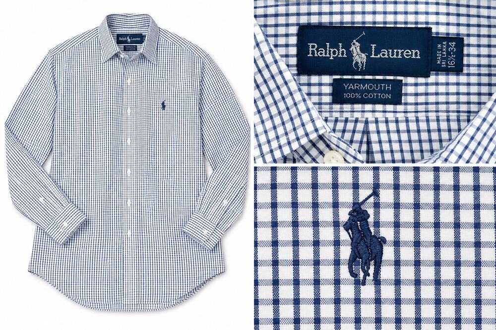 Ralph Lauren Yarmouth Blue White Check Dress Shirt Mens 16/34 100% Cotton